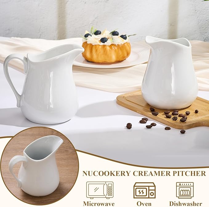 Nuanchu 2 Pcs 16 oz Creamer Milk Pitcher, Classic White Porcelain Creamer with Handle, Ceramic Maple Syrup Dispenser, Coffee Dairy Container for Milk Sauce Salad, Microwave