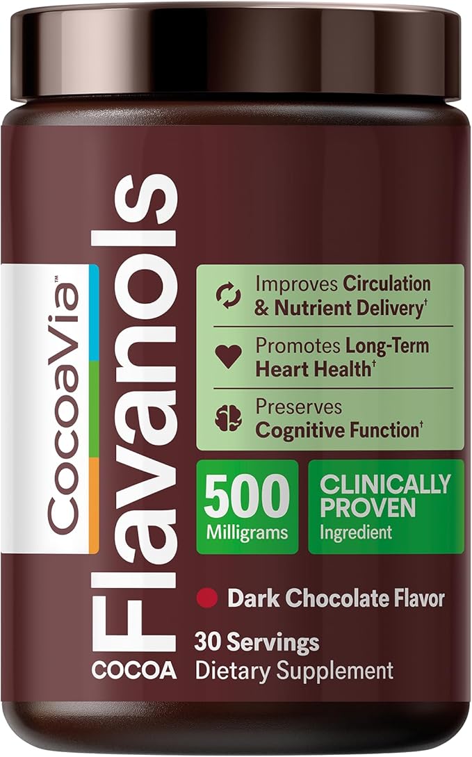 CocoaVia Cardio Health Cocoa Powder, 30 Servings, 500mg Cocoa Flavanols, Support Heart Health, Boost Nitric Oxide, Improve Circulation, Energy, Preworkout, Vegan, Dark Chocolate Cacao