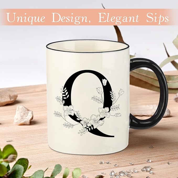 Monogram Ceramic Coffee Mugs, 11 oz Initial Drinking Cup with Gift Box, Unique Birthday Christmas Gifts for Women Wife Mothers Day Grandma Mom Aunt, Q