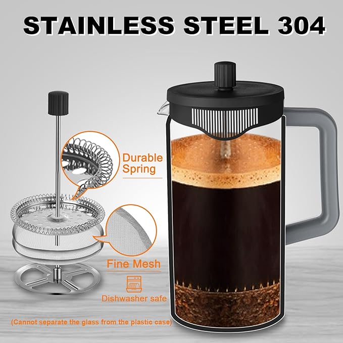 YOLIFE French Press Coffee Maker, 21 oz Small Coffee Tea Press with Heat-resistant Borosilicate Glass, 4-Level Filtration Systems, Portable Coffee Pot for Camping Travel Gifts, Grey and Black