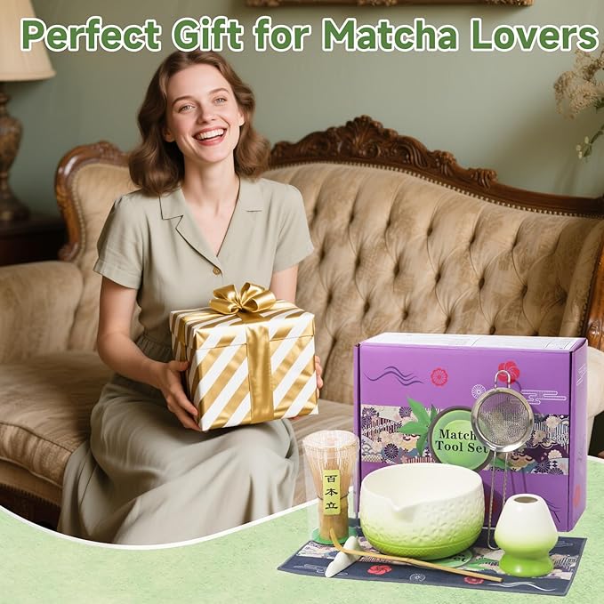 Matcha Whisk Set, 7Pcs Green Matcha Kit for Ceremony, Handcrafted Gifts for Women, Traditional Ceramic Matcha Bowl with Spout, Bamboo Whisk and Holder, Tea Set for Matcha Lovers, Gift for Christmas