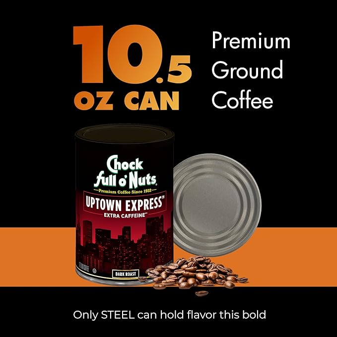 Chock Full o' Nuts Uptown Express Ground Coffee – Premium Beans in Recyclable Steel Can – Rich Flavor & Aroma, Dark Roast – Perfect for Drip, Pour-Over, Percolator – 10.5 Oz Can