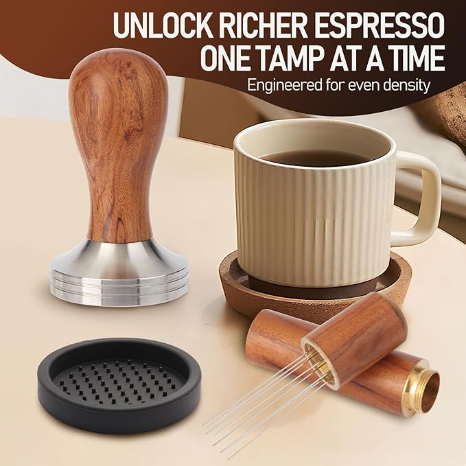 53mm Espresso Tamper Kit, Hard Wood Espresso Tamper Tool & Powder Press Pad & 8-Needles Espresso Stirrers For 53 mm Portafilter