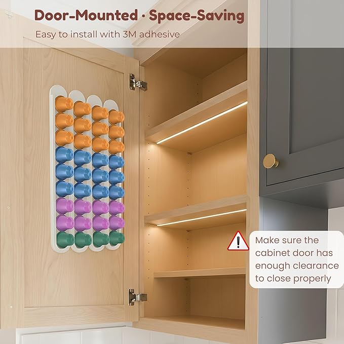 Bamboo Coffee Pod Holder, Adhesive Wall Mount (No Drilling) for Cabinet Door, 36-Capsule Storage (Set of 4) — Vertical/Horizontal — Compatible with Nespresso Original Line-White
