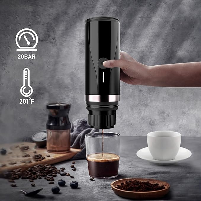 Portable Espresso Machine, Self-Heating Electric Portable Espresso Maker,20 Bar Mini 12V 24V Car Coffee Maker with NS Pods & Ground Coffee for Travel, Camping, Office, Home(Black)