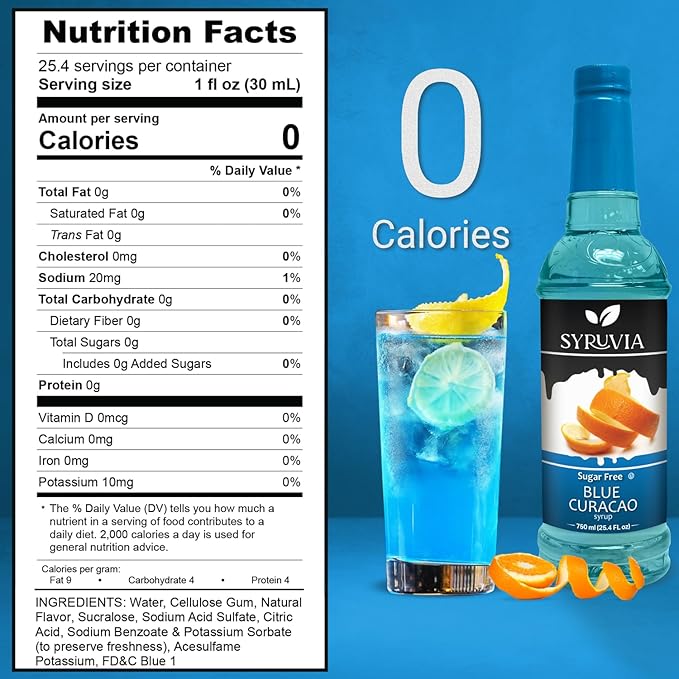 Syruvia Sugar Free Blue Curacao Syrup, Flavored Syrup for Cocktails, Drinks, Lemonades, Iced Teas, and Desserts – 25.4 fl oz, With Pump