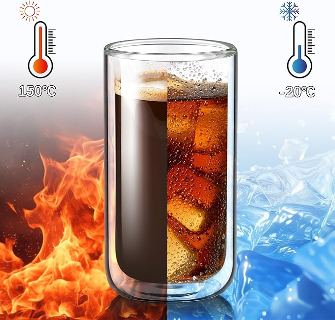 Joeyan Glass Double Walled Beer Drinking Glasses, Insulated Thermo Glass Tumbler Without Hole, Thickened Water Cocktail Highball Glass Cups, Smoothie Tea Coffee Glassware, 12oz, 2Pack, Dishwasher Safe