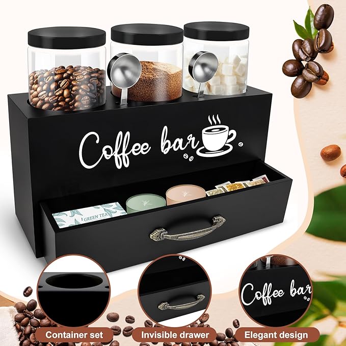 54 oz Coffee Canister Set with Shelf, Coffee and Sugar Container Set of 3 Canisters Sets for Kitchen Counter, Plastic Coffee Bean Storage Container with Scoop (Black - Drawer)