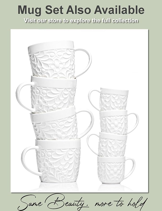 Ceramic Espresso Cups Set of 4 - White Cappuccino Cup with Nature-Inspired Engravings and Comfort-Grip Handle - 3.3 Oz Small Lead-Free Coffee Shot Mugs Safe for Dishwasher, Microwave, Oven, Freezer