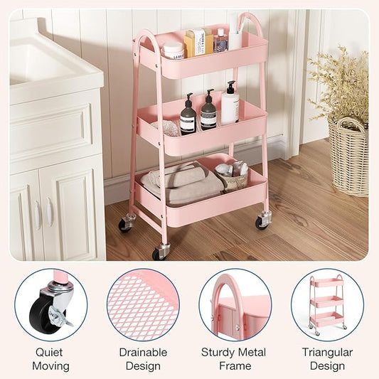 OLIXIS 3 Tier Utility Rolling Cart, Metal Mobile Storage Shelf with Lockable Caster Wheels, Organization for Livingroom, Bathroom & Narrow Places, Pink