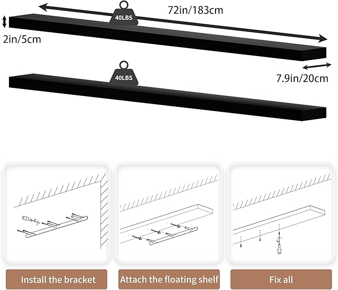 72 inch Long Floating Shelves for Wall,Solid Wood Long Wall Shelves Set of 2,Black Wooden Mounted Shelf,Bookshelf Bathroom Shelves (Black, 72 Inch)