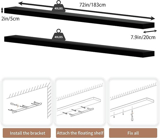 72 inch Long Floating Shelves for Wall,Solid Wood Long Wall Shelves Set of 2,Black Wooden Mounted Shelf,Bookshelf Bathroom Shelves (Black, 72 Inch)