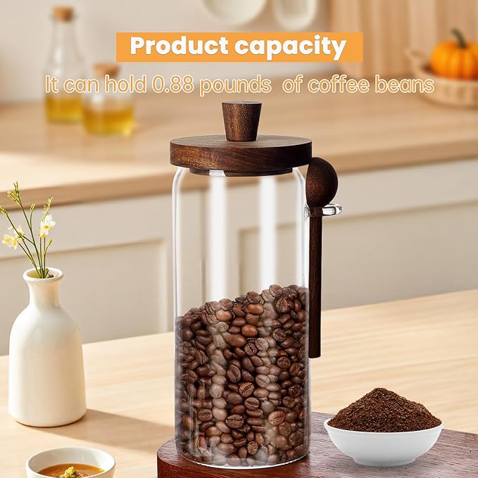 Glass Coffee Bean Storage Container, Wood Lid with Spoon, Airtight Silicone Seal, BPA-Free (1000ML/33.82OZ)
