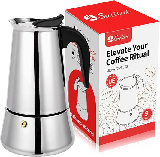 Suiitat Moka Pot, 9 Cups (15.9 oz) Stovetop Espresso Maker, 304 Stainless Steel Moka Pot, Induction Compatible, Silver