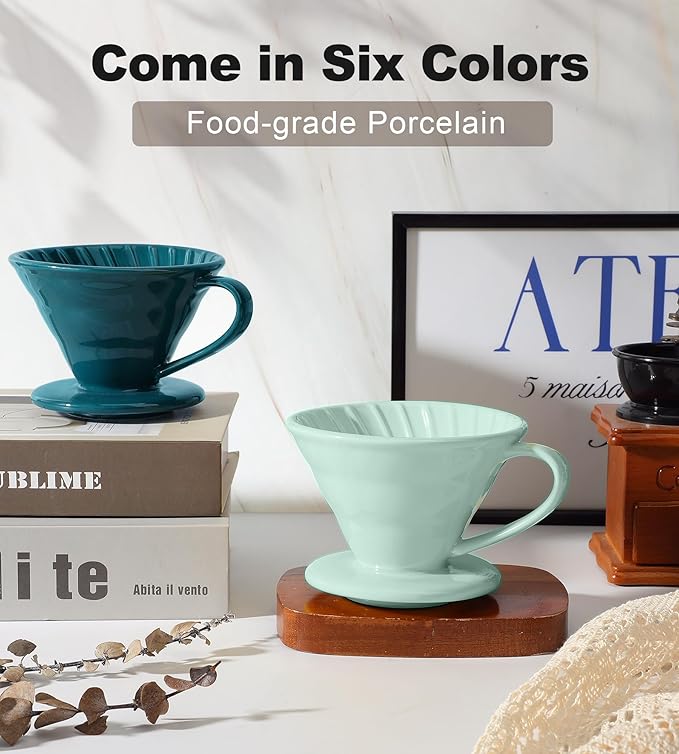 Pour Over Coffee Dripper - Ceramic Cup, Pour Over Coffee Maker Cone, Porcelain Cone, Easy Manual Brew Maker - Strong Flavor Brewer for Home, Cafe, Office - 1-4Cup, V60 Size 02 (Lake Green)