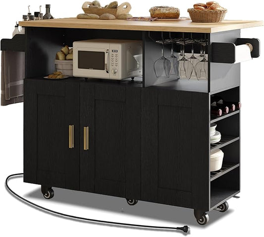 Rolling Mobile Kitchen Island with Storage and Drop Leaf, Island Table with Countertop Power Socket and Wheel (Black, Model 1)