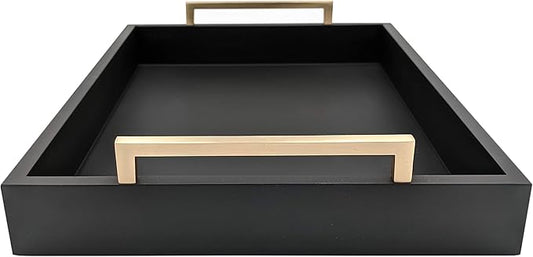 Decorative Coffee Table Tray - Ottoman Tray - Breakfast, Drinks, Liquor Serving Platter - Farmhouse to Modern - Matte Finish - Champagne Gold Handles - Pitch Black