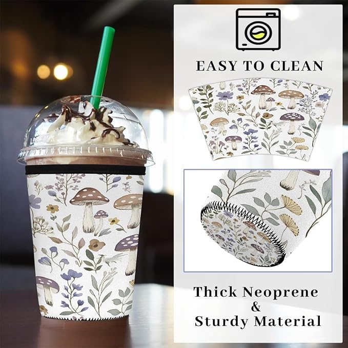 Wildflowers Mushroom Iced Coffee Sleeve for Cold Drink Cups, Reusable Neoprene Insulated Drink Sleeves Cup Cover for Beverages, Fits 16-18 oz
