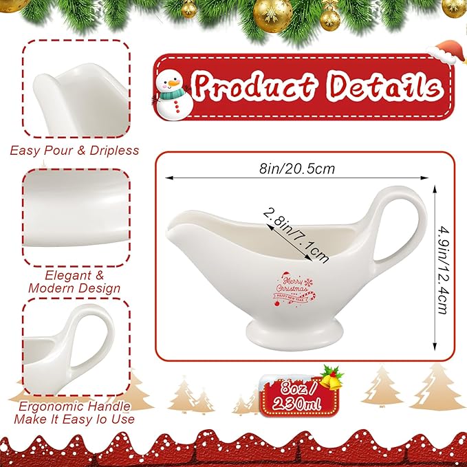 Bokon 2 Pack Christmas White Gravy Boat 8 oz Sauce Boat White Ceramic Sauce Jug with Smooth Handle Creamer Pitcher for Salad Dressing Milk Broth Microwave Dishwasher Safe for Festive Gatherings