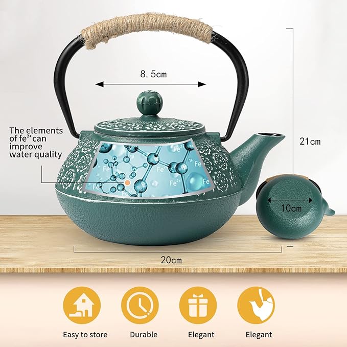 Sotya Cast Iron Teapot, 40oz/1200ml Japanese Tetsubin Tea Pot with Infuser for Loose Leaf and Tea Bags, Tea Kettle Coated with Enameled Interior for Stove Top, Dark Green