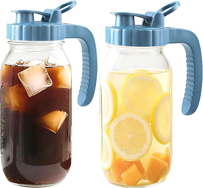 64 Oz Glass Pitcher With Lid 2 Set Half Gallon Wide Mouth Mason Jar Cold Hot Water Pitcher 2 Quart Sun Tea Glass Jar For Outside For Fridge Lemonade, Beverage,Milk,Juice, Cold Brew Iced Tea Container