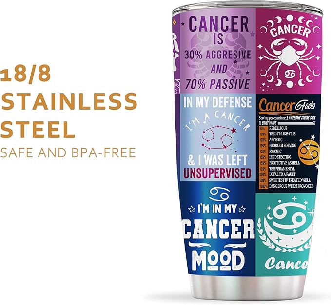 Gothic Witchy Cancer Zodiac Tumbler, Astrology Birthdays Cup 20oz Insulated Constellation Mug with Lid