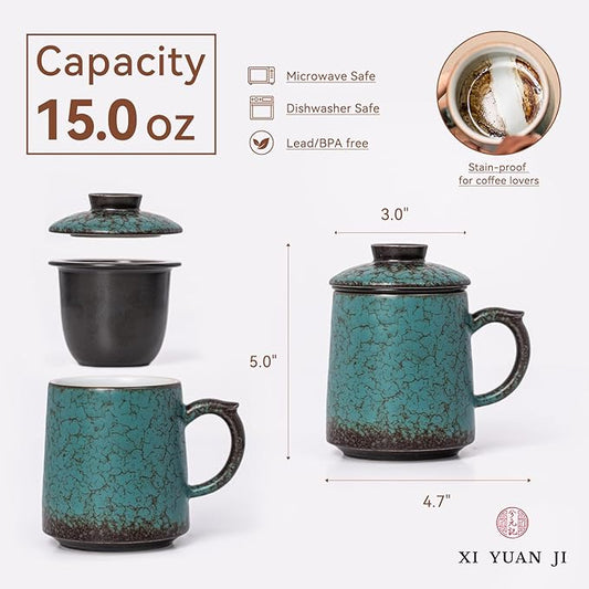 Ceramic Tea Mug with Infuser & Lid, 15oz Kiln-Transformed Unique Cup – Nature's Artisan Design, Loose Leaf Tea Cup with Infuser, Insulated Ceramic Coffee Mugs with Lid, Gift for Women/Men