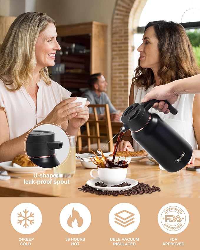Thermal Coffee Carafe 70 oz - 36 Hour Hot Stainless Steel Carafes for Hot Liquids-Insulated Coffee Carafes For Keeping Hot/Cold Coffee, Tea, Water,Milk, Creamer Dispenser for Coffee Bar(Black)