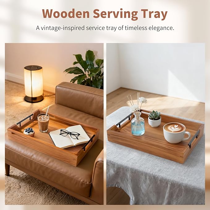 Wood Serving Tray with Handles, 17"x12" Rustic Wooden Trays Decorative Coffee Table Tray for Ottoman, Living Room Decor, Breakfast Food Trays in Bed, Kitchen Food Tray