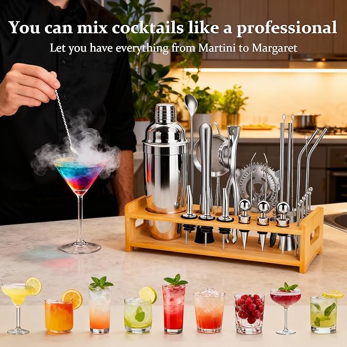 JUSTDOMI 26-Piece Cocktail Shaker Set with Stand Stainless Steel Bartender Kit, Bar Tool Set Bartender Accessories, Cocktails Kit with Muddler for Bar Accessories, Home, Party Cafe Drinks-Style2