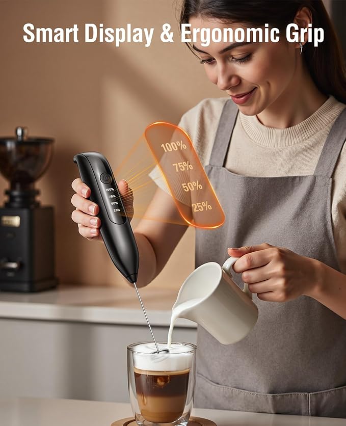 Electric Milk Frother Handheld: Rechargeable 3 in 1 - LED Digital Display with 3 Speeds Portable Stainless Steel Drink Foam Mixer for Milk Coffee, Lattes, Valentine's Day gifts - Onyx Black