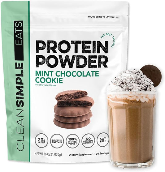 Clean Simple Eats Whey Protein Powder, Mint Chocolate Cookie Flavor, Naturally Sweetened, 100% Grass Fed Protein Powder with Digestive Enzymes, No Artificial Ingredients, Gluten Free, 30 Srvgs