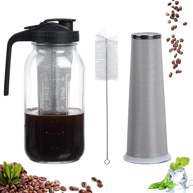 64 oz Cold Brew Coffee Maker, Glass Mason Jar Pitcher with Pour Spout Handle Lid with Stainless Steel Filter with Cleaning Brush, for Ice Tea, Leak Proof Half Gallon Storage Container (Black)