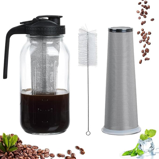 64 oz Cold Brew Coffee Maker, Glass Mason Jar Pitcher with Pour Spout Handle Lid with Stainless Steel Filter with Cleaning Brush, for Ice Tea, Leak Proof Half Gallon Storage Container (Black)