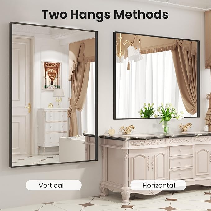 LOAAO Black Bathroom Mirror 48"X36" for Wall, Rectangle Bathroom Vanity Mirror, Tempered Glass, Hangs Vertically or Horizontally, Easy to Install, Modern Design