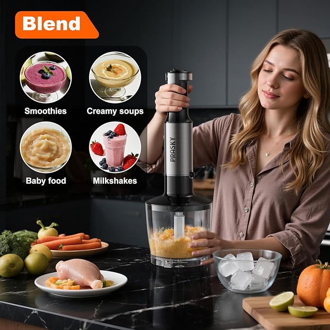Immersion Blender Handheld Hand Blenders, 20 Speed & Turbo Mode Hand Held Blender, Heaviest Duty Copper Motor, Stainless Steel Blades, Milk Frother Wand, Whisk, 600ml Beaker, 500ml Chopper (Silver)