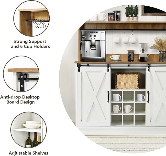 4ever2buy Farmhouse Coffee Bar Cabinet with Hutch, 47 Inch Buffet Cabinet with Storage, White Wine Bar with 9 Wine Racks and 6 Hooks, Coffee Bar Table with Adjustable Shelves for Living Dining Room