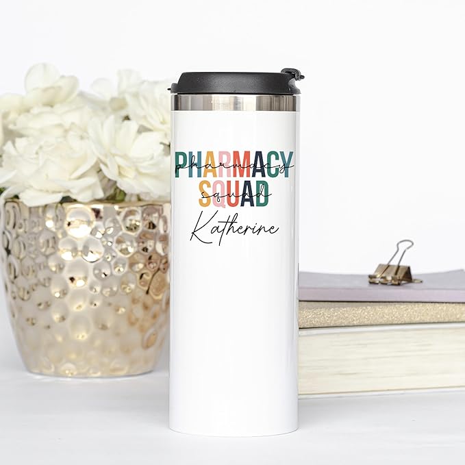 Pharmacy Skinny 14oz Personalized Coffee Mug, Sublimated Tumbler for PharmD With Lid, Stainless Steel Birthday Mug With Lid for Future Pharmacist, Gift for Office, Vacuum Insulated Gift for Retirement