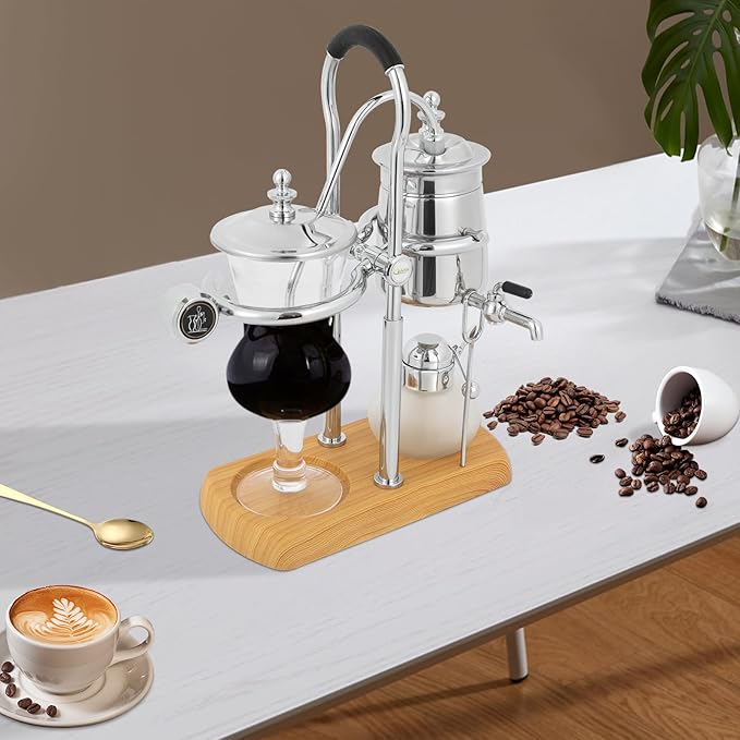 Belgian/Belgium Royal Family Balance Syphon Coffee Maker Siphon Coffee Brewer Unique Gravity Vintage Coffee Maker Elegant Retro Coffee Makers Vacuum Brewing System (400ml/13.53oz) Sliver