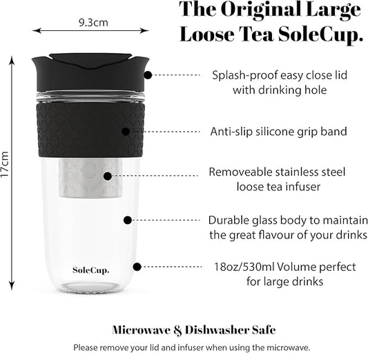 Large Travel Mug Loose Tea Infuser - Detachable Tea Strainer with Spill Proof Lid - 18oz/530ml BPA-Free Reusable Glass Travel Coffee Cup with Silicone Band (Black, 18oz)