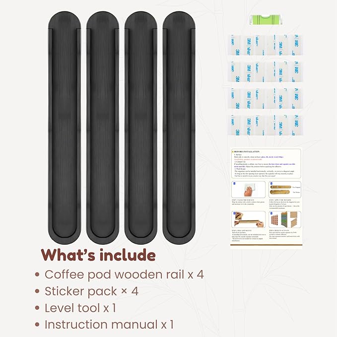 Bamboo Coffee Pod Holder, Adhesive Wall Mount (No Drilling) for Cabinet Door, 36-Capsule Storage (Set of 4) — Vertical/Horizontal — Compatible with Nespresso Original Line-Black
