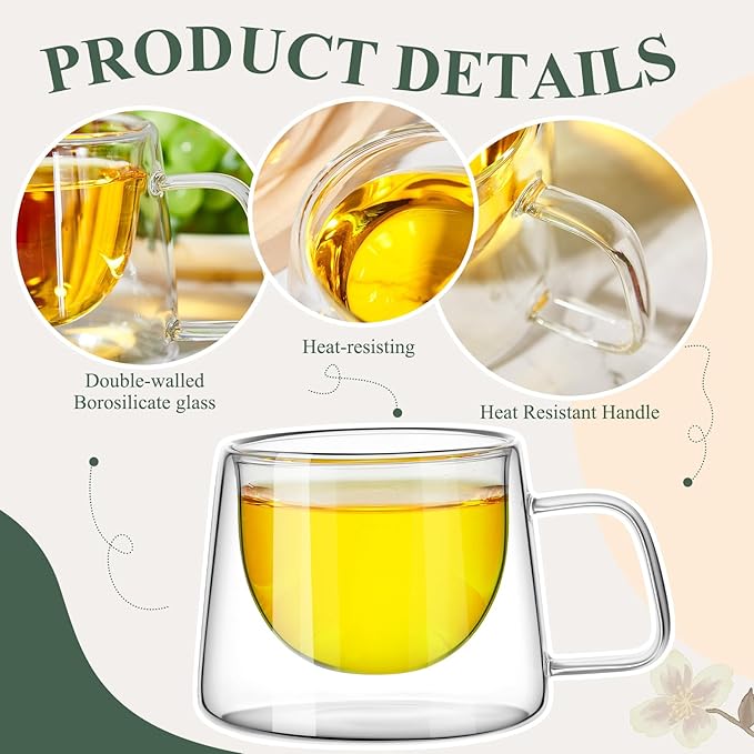 Rtteri 6 Pcs 6.7 oz Double Wall Glass Coffee Mugs Espresso Mugs with Square Handle Glass Cappuccino Cups Tea Clear Coffee Insulated Cups Gift Set for Latte Tea Bag Beverage Cafe Kitchen