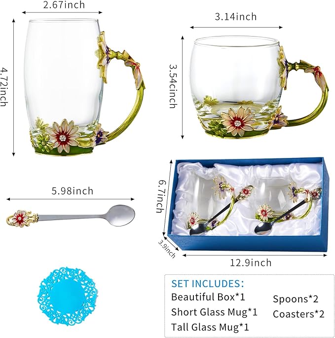 Glass Fancy Tea Cup Set Birthday Christmas Valentine's Day Gift Idea for Tea Lover and Women Novelty Coffee Mugs Rose Flower Enamel Glass Mug with Spoon Set