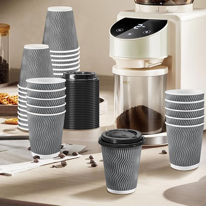 Clawsoff 100 Pack 10 oz Disposable Coffee Cups with Lids, Insulated Ripple Wall To-Go Paper Coffee Cups Suitable for Chocolate Cocoa and Hot/Cold Drinks (Grey)