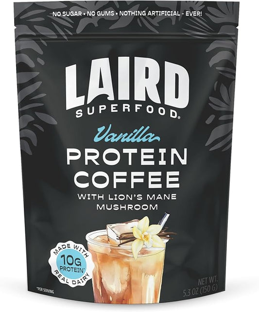 Laird Superfood Protein Coffee Powder - Vanilla Whey Protein, Instant Coffee Mix with Lion’s Mane - 10G Protein, 140mg Caffeine, 0g Sugar