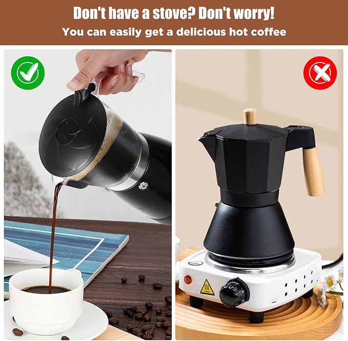 Coffee Maker Electric Moka Pot, Espresso Coffee Italian Aluminum Espresso Machine Cafetera Pot 300ml, Portable Machine Moka Maker with Detachable Base Overheat Protection for Home Travel, Black