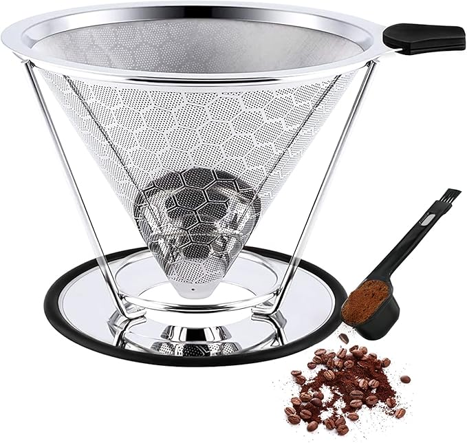 Gocoffun Pour Over Coffee Dripper, Reusable Cone Coffee Filter 1-4 cup, Stainless Steel Portable Coffee Filters Coffee Maker with Cleaning Brush for Home Office Travel Camping