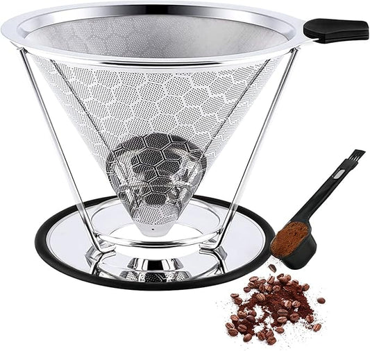 Gocoffun Pour Over Coffee Dripper, Reusable Cone Coffee Filter 1-4 cup, Stainless Steel Portable Coffee Filters Coffee Maker with Cleaning Brush for Home Office Travel Camping