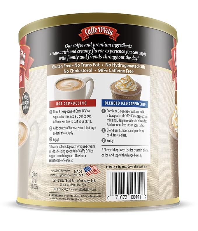 Caffe D'Vita Hazelnut Cappuccino Mix - Instant Coffee Powder Mix, Gluten Free, No Cholesterol, No Hydrogenated Oils, No Trans Fat, 99% Caffeine Free - 2 Lb Can