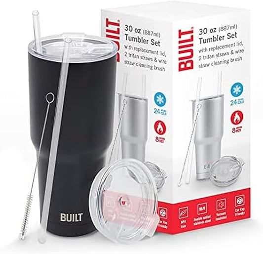 BUILT Double Walled Stainless Steel Tumbler Set with Replacement Lid, 2 Reusable Tritan Wire Straw Cleaning Brush in Gift Box, 1 Count (Pack of 1), Black, 30 fl.oz.